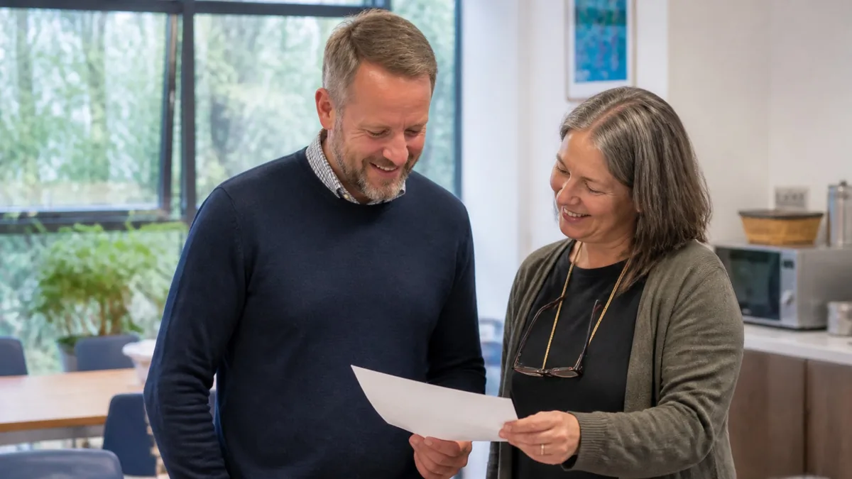 Two teachers in their fifties, a man and a woman, smiling as they read a document together in a school staffroom