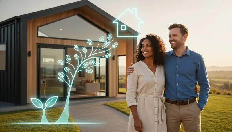 Couple in front of their first home